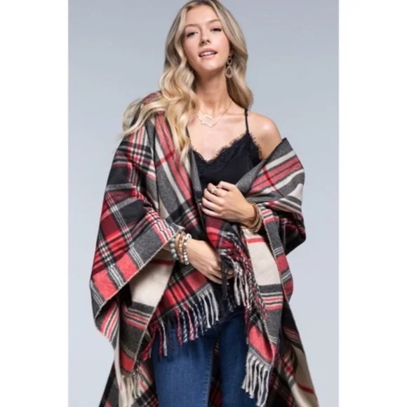 Scarlet Red Holiday Plaid Fringe Accent Knit Fall Winter Ruana Wrap Open Poncho - Picture 3 of 4